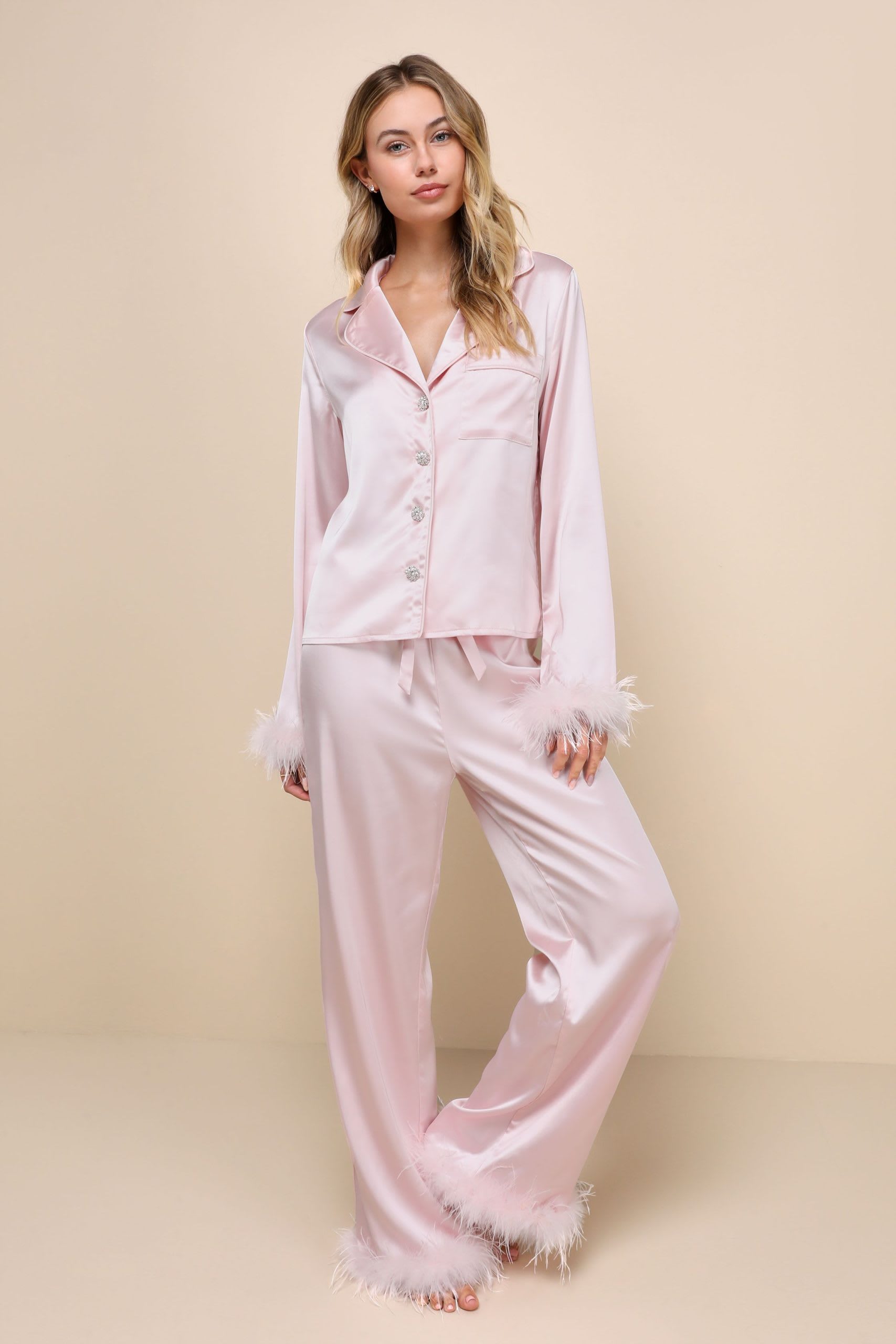 Pink Satin Feather Pyjamas