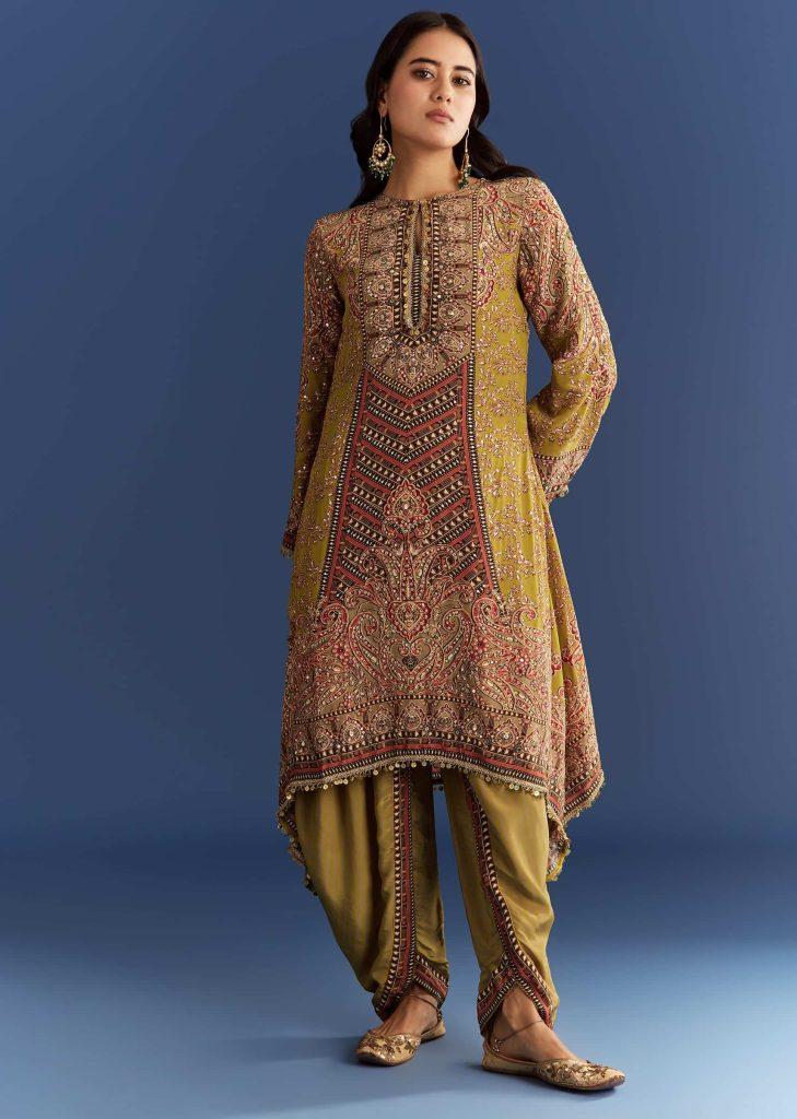 Mehendi Green Crepe Asymmetrisch gedruckt Kurta mit gestreiften gedruckten Dhoti