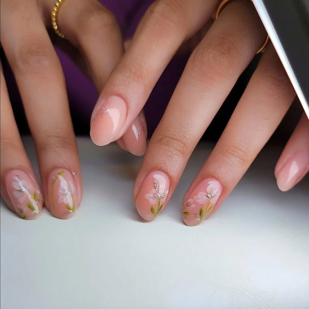 Transparente runde Nägel mit Glitzer und weißen Blumendetails, weich und anmutig.