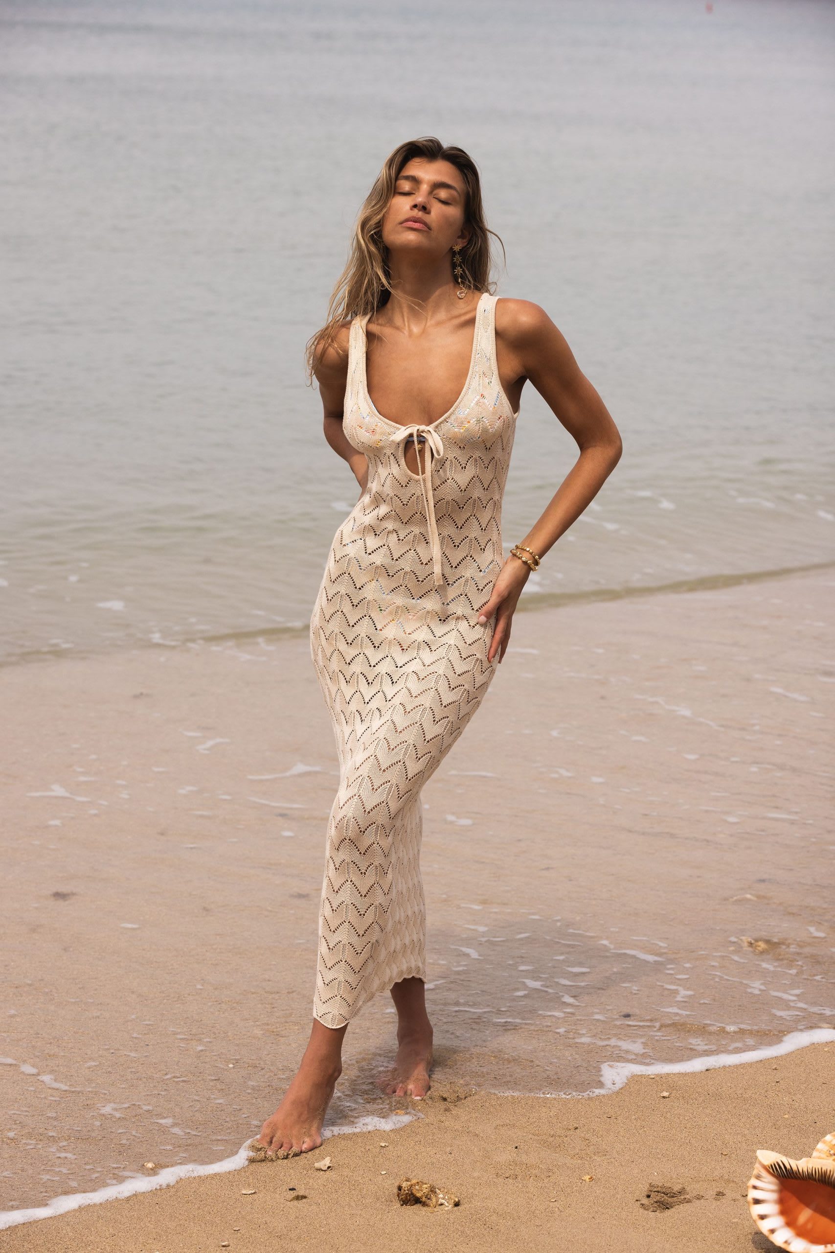 Beige Häkelkrawatte vorne Maxi Schwimmabdeckung