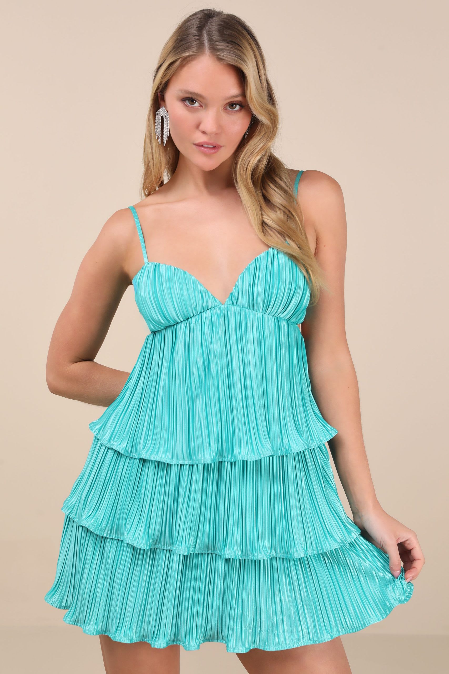 Aqua Falten -Mini -Kleid