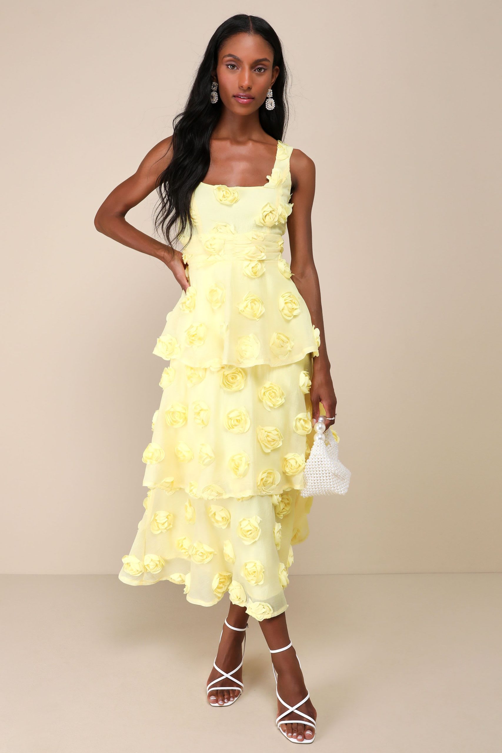 Rosette Midi Kleid mit gelbstufiger Stufe