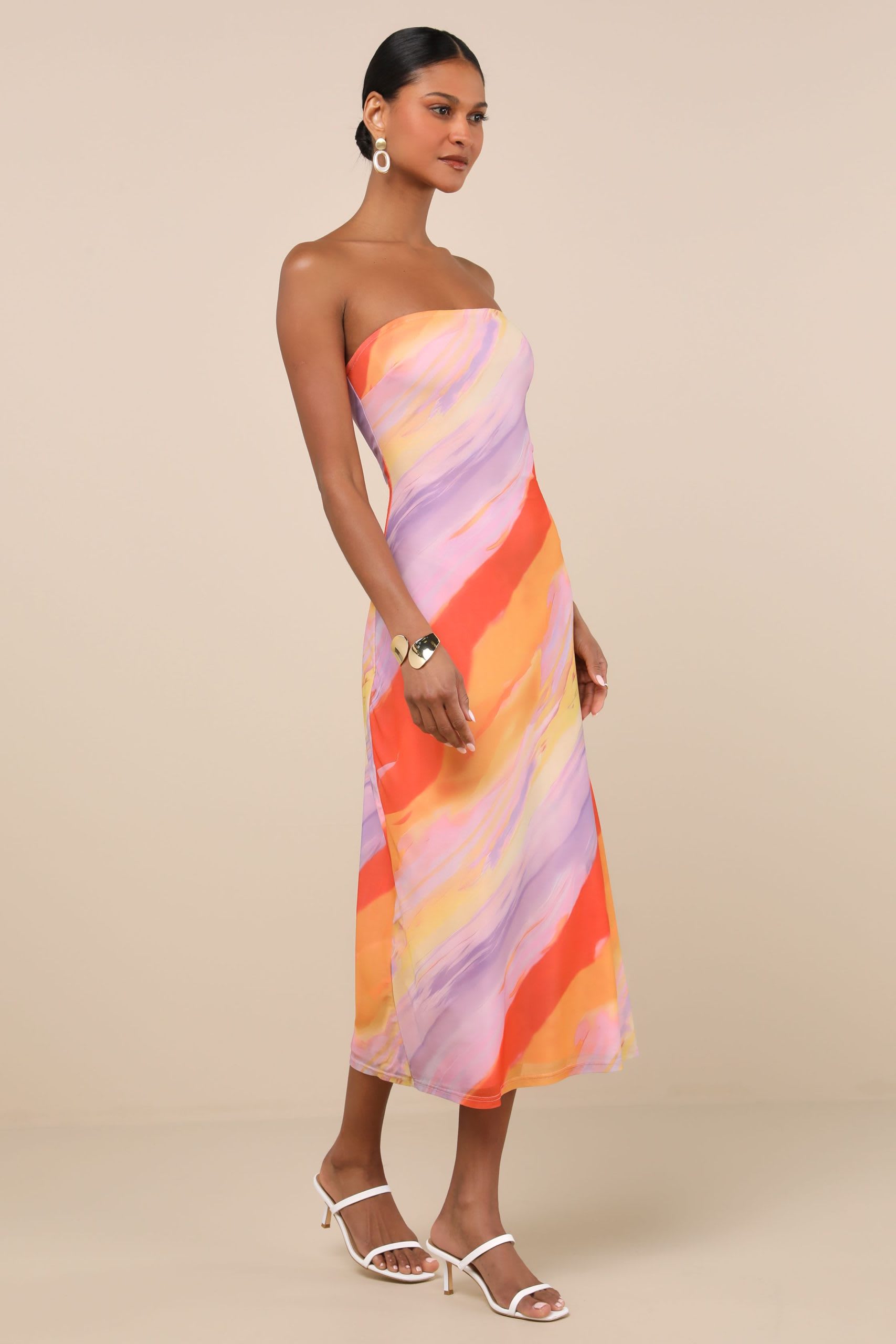 Multi -Streifen trägerloses mittleres Kleid