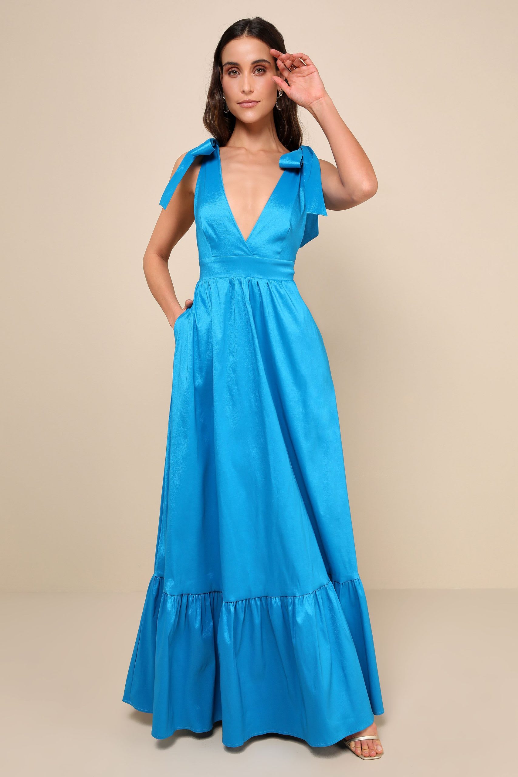 blaugrüne blaue Krawattengurt Maxikleid