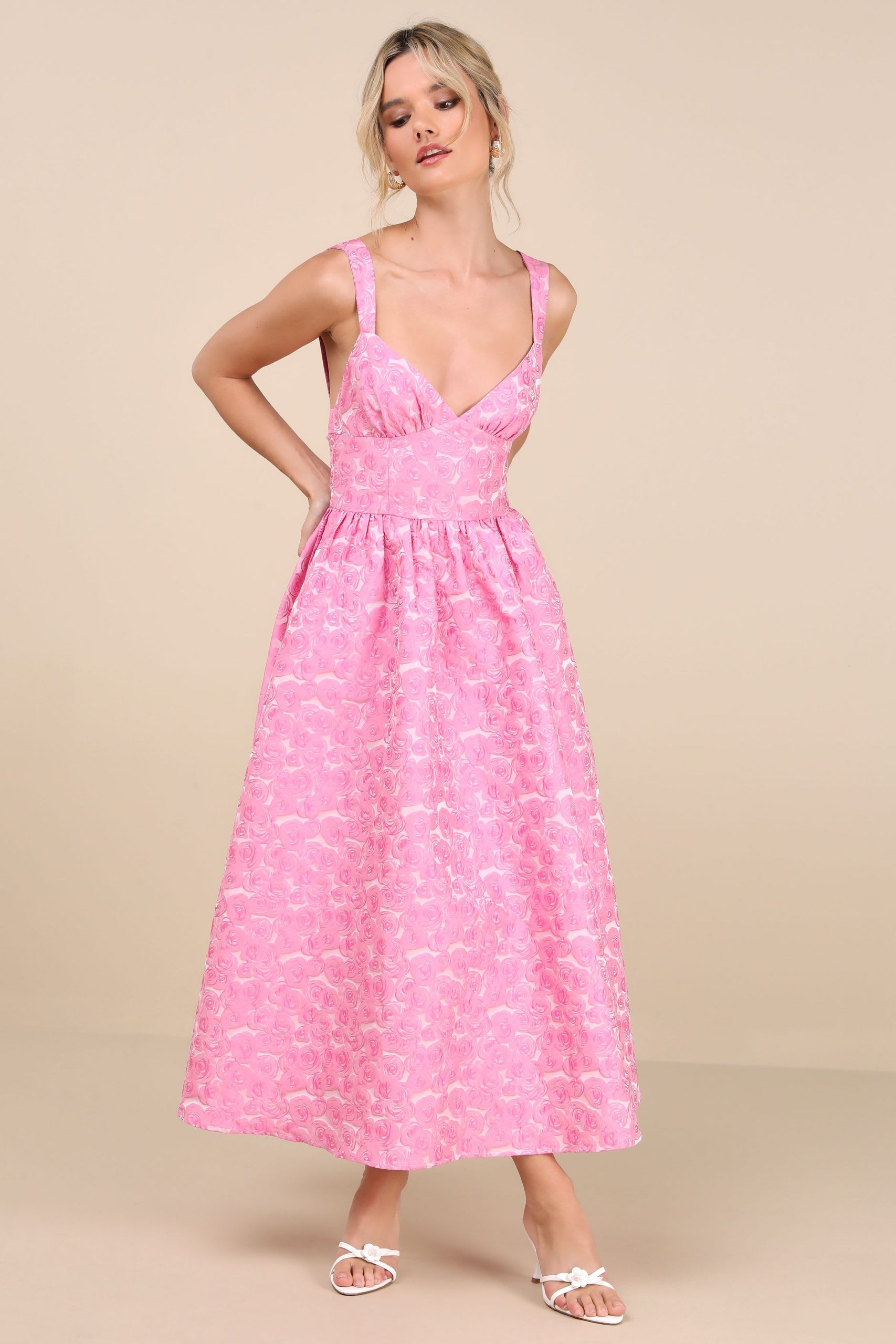 Pink Blumen Jacquard Midi Kleid
