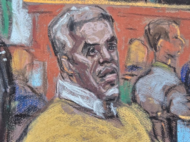 Sean "Diddy" Kämme Uhren wie Casandra "Cassie" Ventura (nicht gesehen) lässt ihre Aussage während des Sexhandelsverfahrens in New York, New York, USA, am 15. Mai 2025 in dieser Skizze des Gerichtssaals zu einer Pause. Reuters/Jane Rosenberg